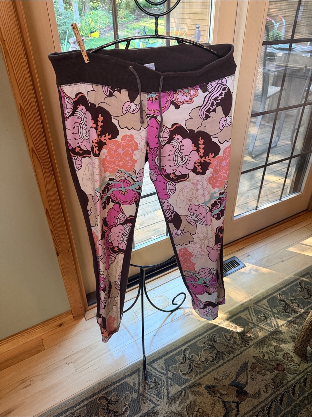 Vintage Nilla Shields Floral Print Drawstring Lounge Pants in Pink & Brown Sz L